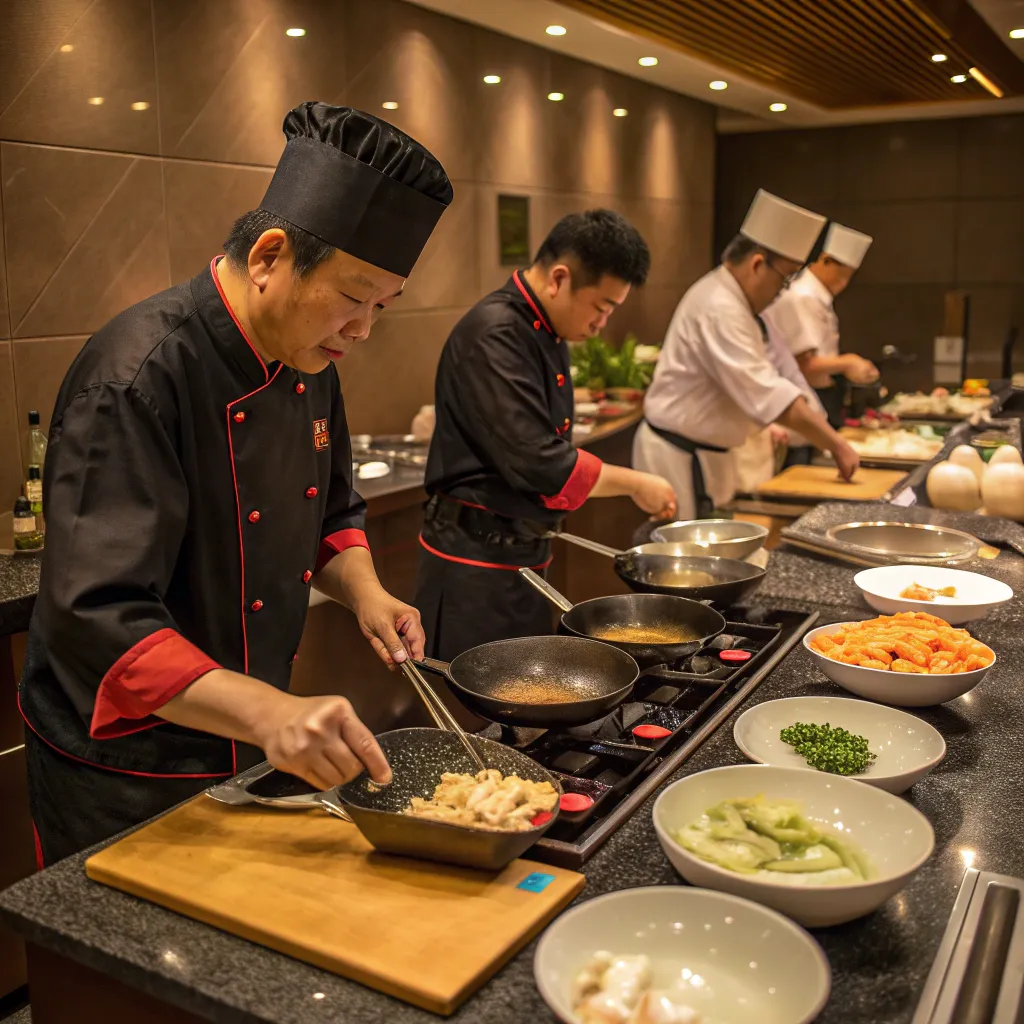 An Asian cooking class in action